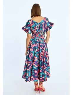 Vestido largo con pliegues y estampado multicolor