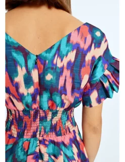 Vestido largo con pliegues y estampado multicolor