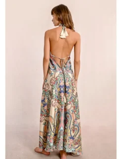 Vestido largo cuello halter con estampado