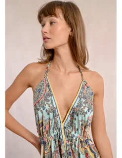 Vestido largo cuello halter con estampado