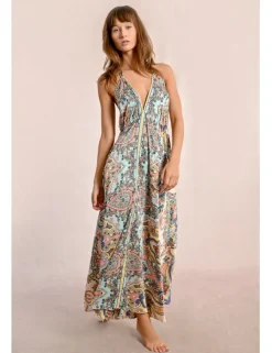 Vestido largo cuello halter con estampado