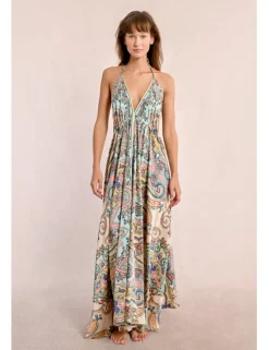 Vestido largo cuello halter con estampado