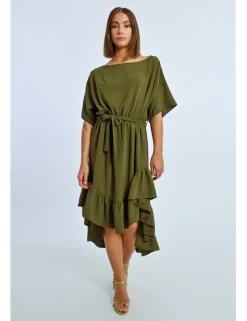 Vestido largo de manga corta con lazada y volantes