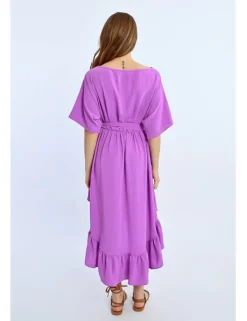 Vestido largo de manga corta con lazada y volantes