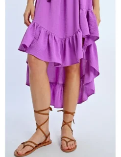 Vestido largo de manga corta con lazada y volantes