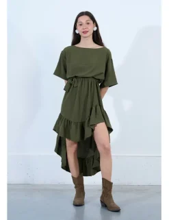 Vestido largo de manga corta con lazada y volantes