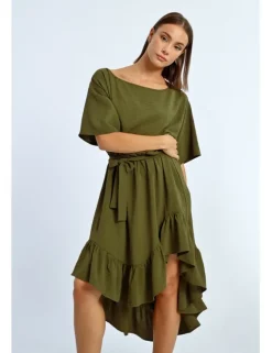 Vestido largo de manga corta con lazada y volantes