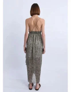 Vestido largo de tirantes con estampado y volantes