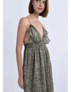 Vestido largo de tirantes con estampado y volantes
