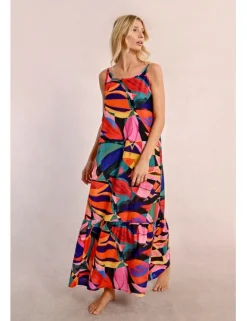 Vestido largo de tirantes con estampado y volantes