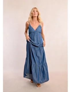 Vestido largo efecto vaquero con abertura y volantes