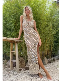 Vestido largo en punto calado con lentejuelas