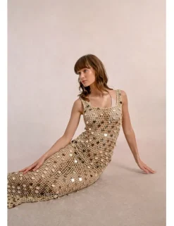 Vestido largo en punto calado con lentejuelas