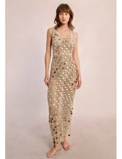 Vestido largo en punto calado con lentejuelas