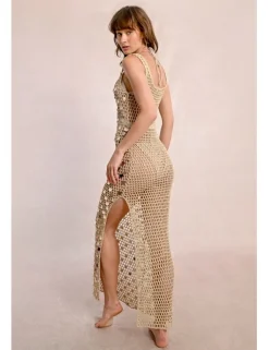 Vestido largo en punto calado con lentejuelas