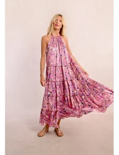 Vestido largo escote halter con estampado y volantes