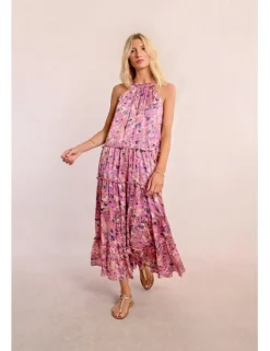 Vestido largo escote halter con estampado y volantes