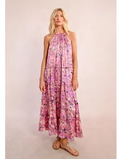 Vestido largo escote halter con estampado y volantes