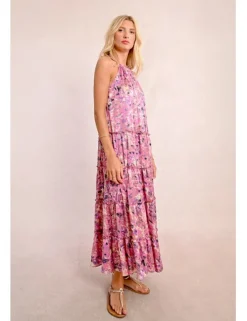 Vestido largo escote halter con estampado y volantes