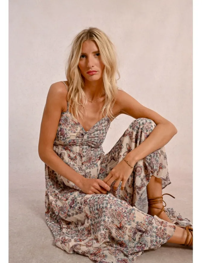 Vestido largo plisado con estampado
