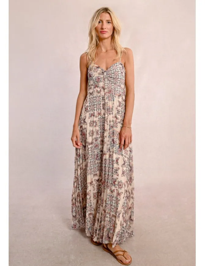 Vestido largo plisado con estampado