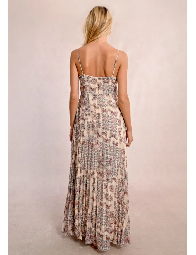 Vestido largo plisado con estampado