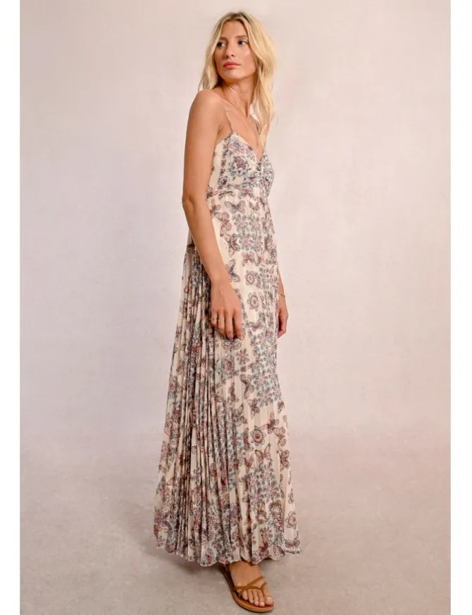 Vestido largo plisado con estampado
