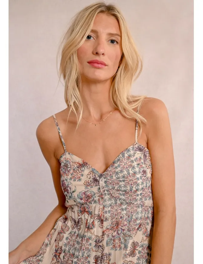 Vestido largo plisado con estampado