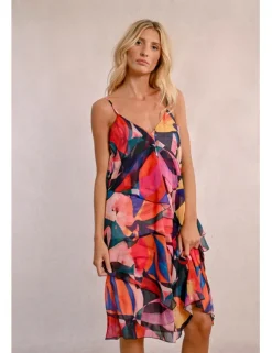 Vestido midi de tirantes con estampado y volantes