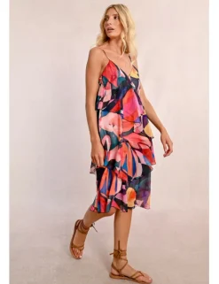 Vestido midi de tirantes con estampado y volantes